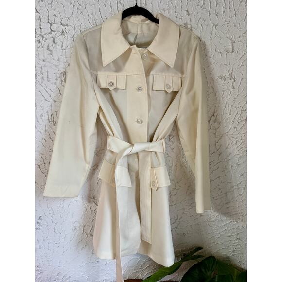 Sears Tops - Vintage 1970s Cream Belted Jacket Retro Mod Trench Style Coat